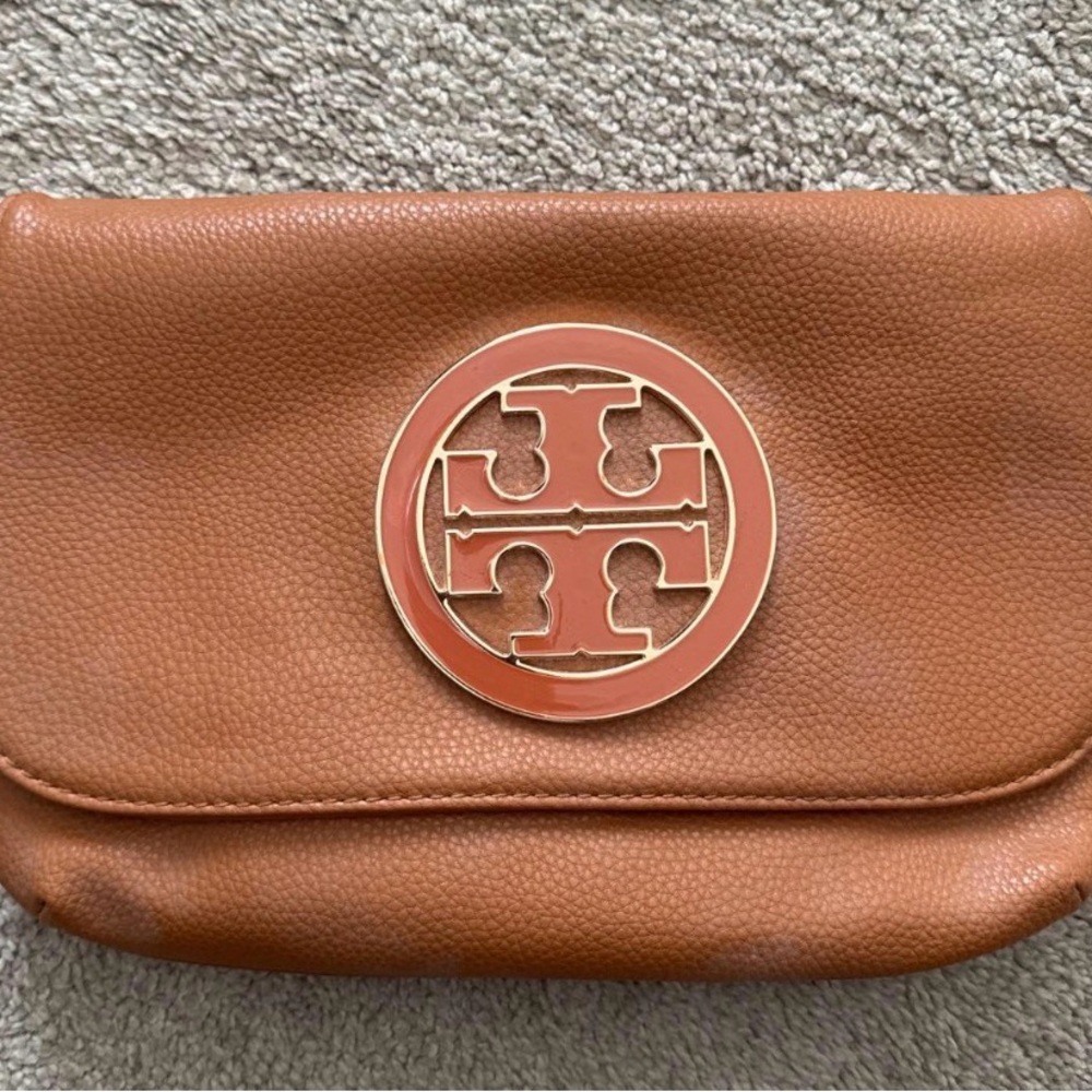 Tory Burch Cognac Pebbled Leather Logo Wristlet